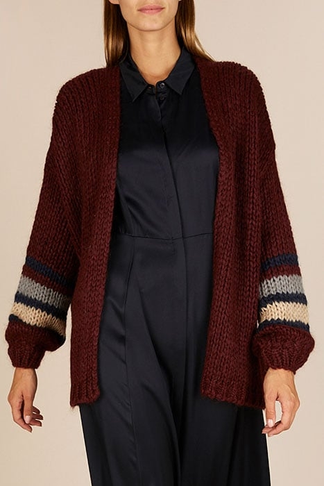 LOOSE CARDI STRIPED LS RED 2