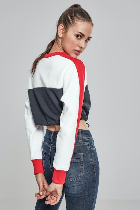 LADIES CROPPED 3-TONE STRIPE CREW NAVY/WHITE/FIRE RED 7
