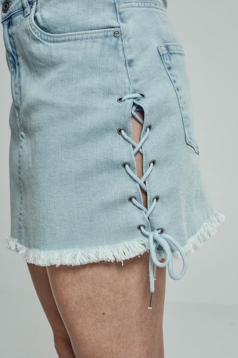 LADIES DENIM LACE UP SKIRT BLUE BLEACHED 5