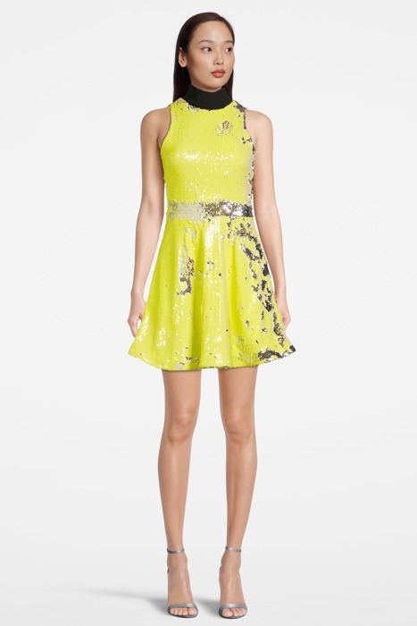 WOMEN'S SHORT SLEEVELESS SEQUIN DRESS WITH VELVET COLLAR YEL 1