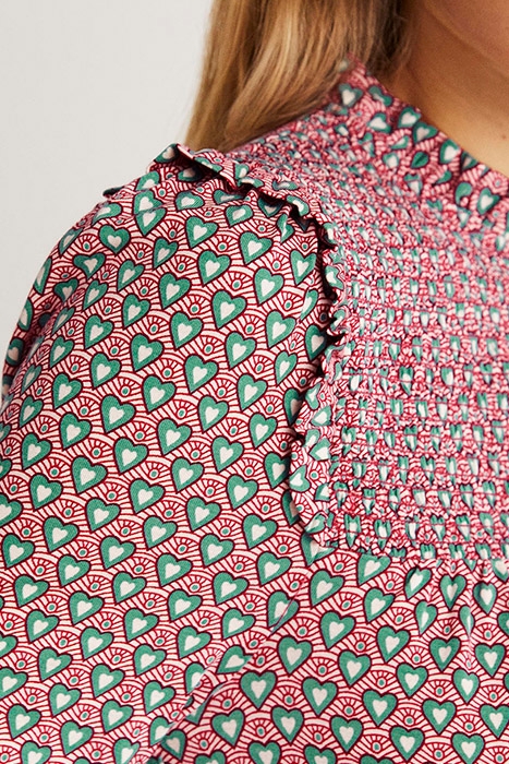 SMOCKED YOKE PRINTED TOP RED 2