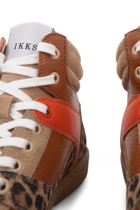 BEIGE, ORANGE AND LEOPARD  LEATHER MIX TRAINERS 6