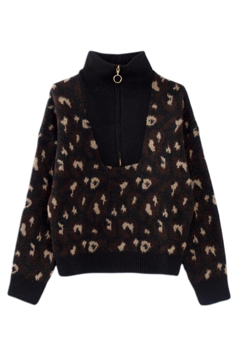 BLACK LEOPARD KNIT ZIP-NECK SWEATER 3