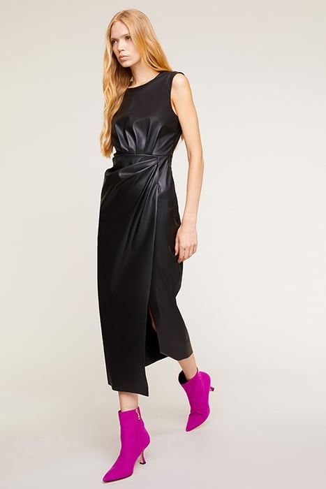 LONG FAUX LEATHER CUT-OUT PATTERN DRESS BLACK 1