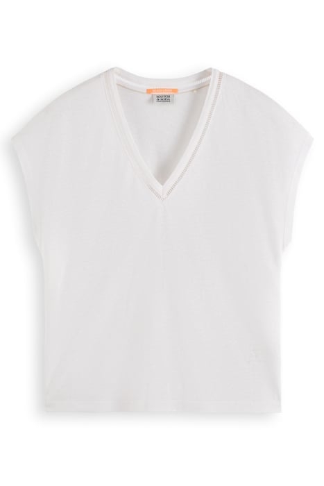 V-NECK LADDER DETAIL LOOSE FIT T-SHIRT WHITE 1