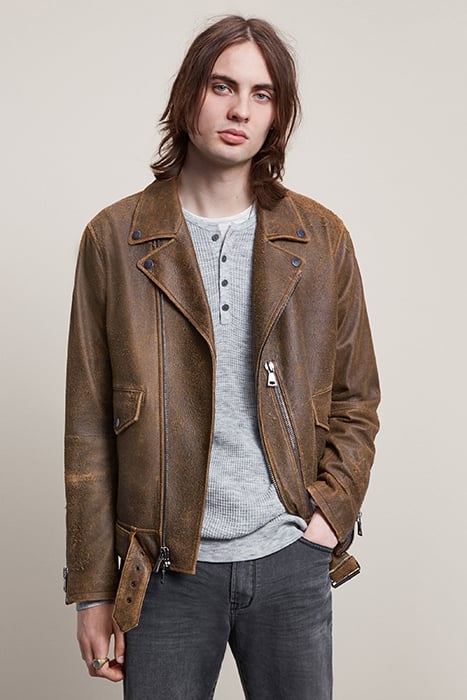 ZIP CLOSURE BELTED BIKER JACKET WITH VER DARK BROWN 1