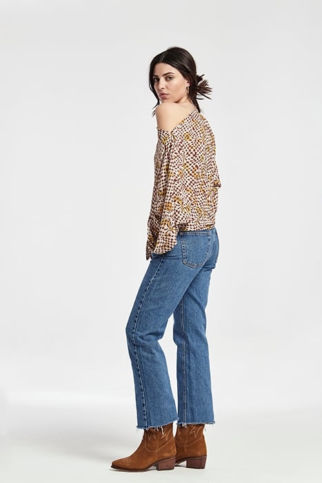 PRINTED CHIFFON TIE WAIST NAROA TOP CHOCOLATE 3