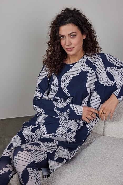 COMFY LOOSE DRESS PRINTED 3/4 DARKBLUE WITH DANCING DOTS PRI 3