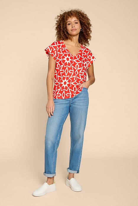 IVY LINEN V NECK TEE RED PRINTED 1