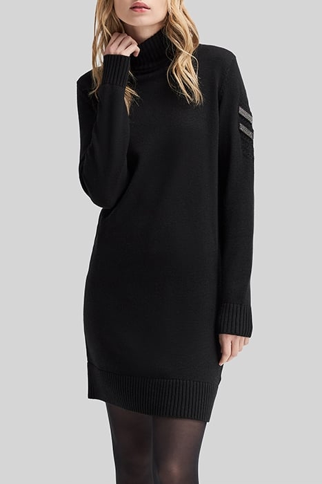 BLACK BEADED SHOULDER FUNNEL NECK KNITTED DRESS 1
