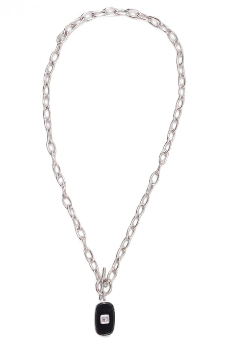 GREY CABLE LINK CHAIN LONG NECKLACE, BLACK PENDANT 1