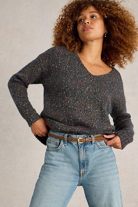 TEXTURED V NECK JUMPER TEAL MULTI 1