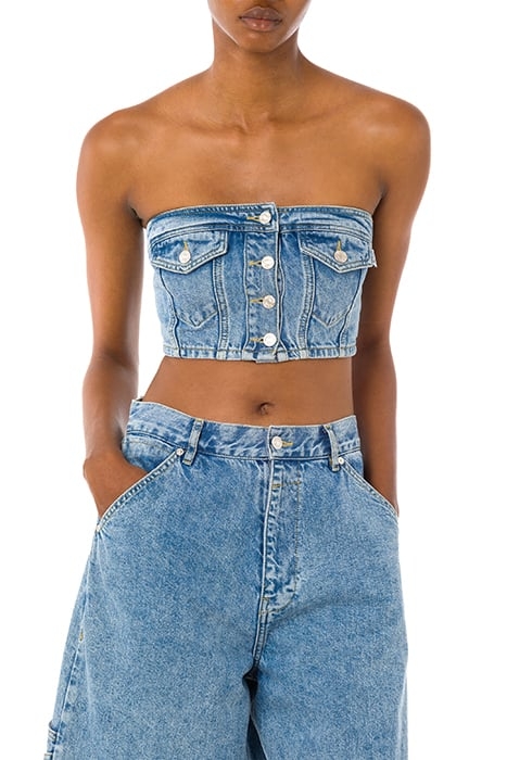 BUSTIER CROP TOP IN RECYCLED DENIM BLUE 1
