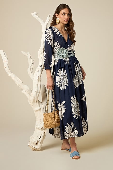 LONG COTTON MUSLIN DRESS WITH PATTERN BLUE 4