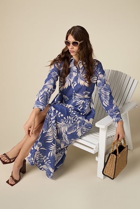 PATTERNED COTTON LONG CHEMISIER DRESS BLUE 4