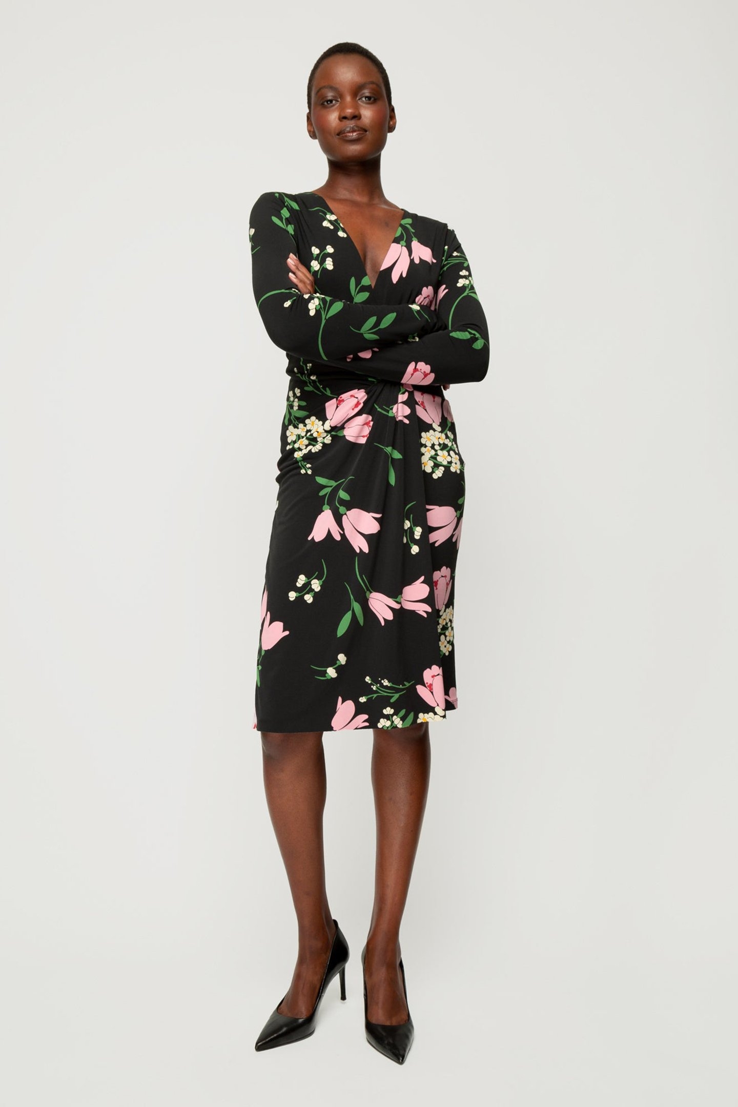 DRESS FLORAL CREPE DRAPE BLACK/CHATEAU ROSE/GREEN 1