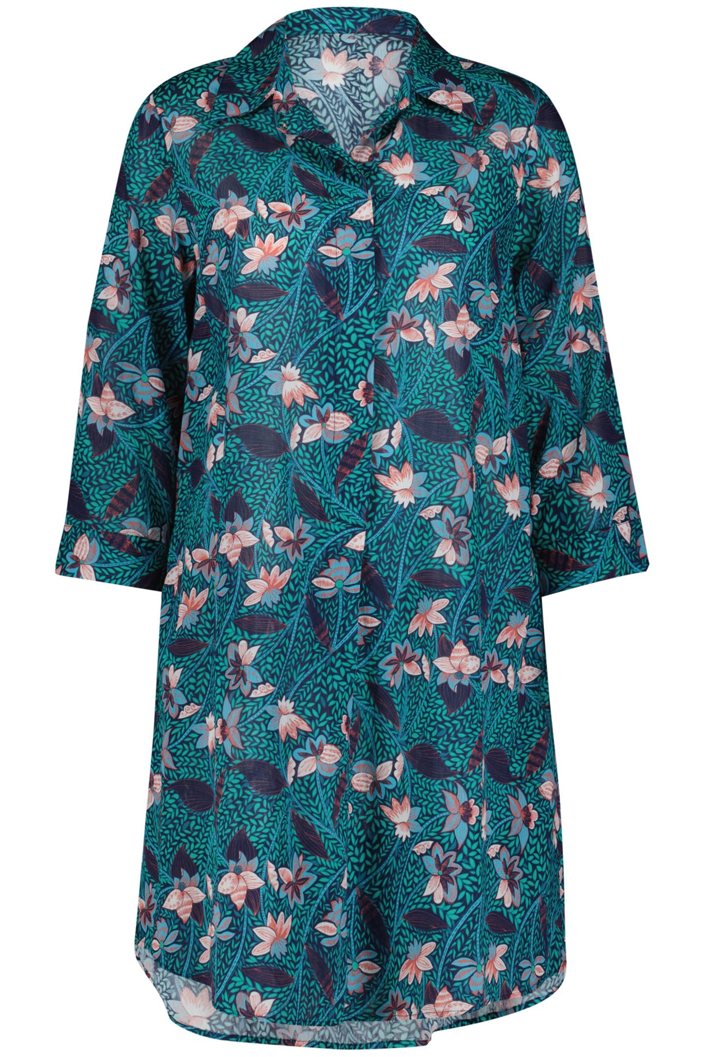 LONG BLOUSE DRESS FLORA GREEN WITH LOTS OF LEAVES PRINT 4