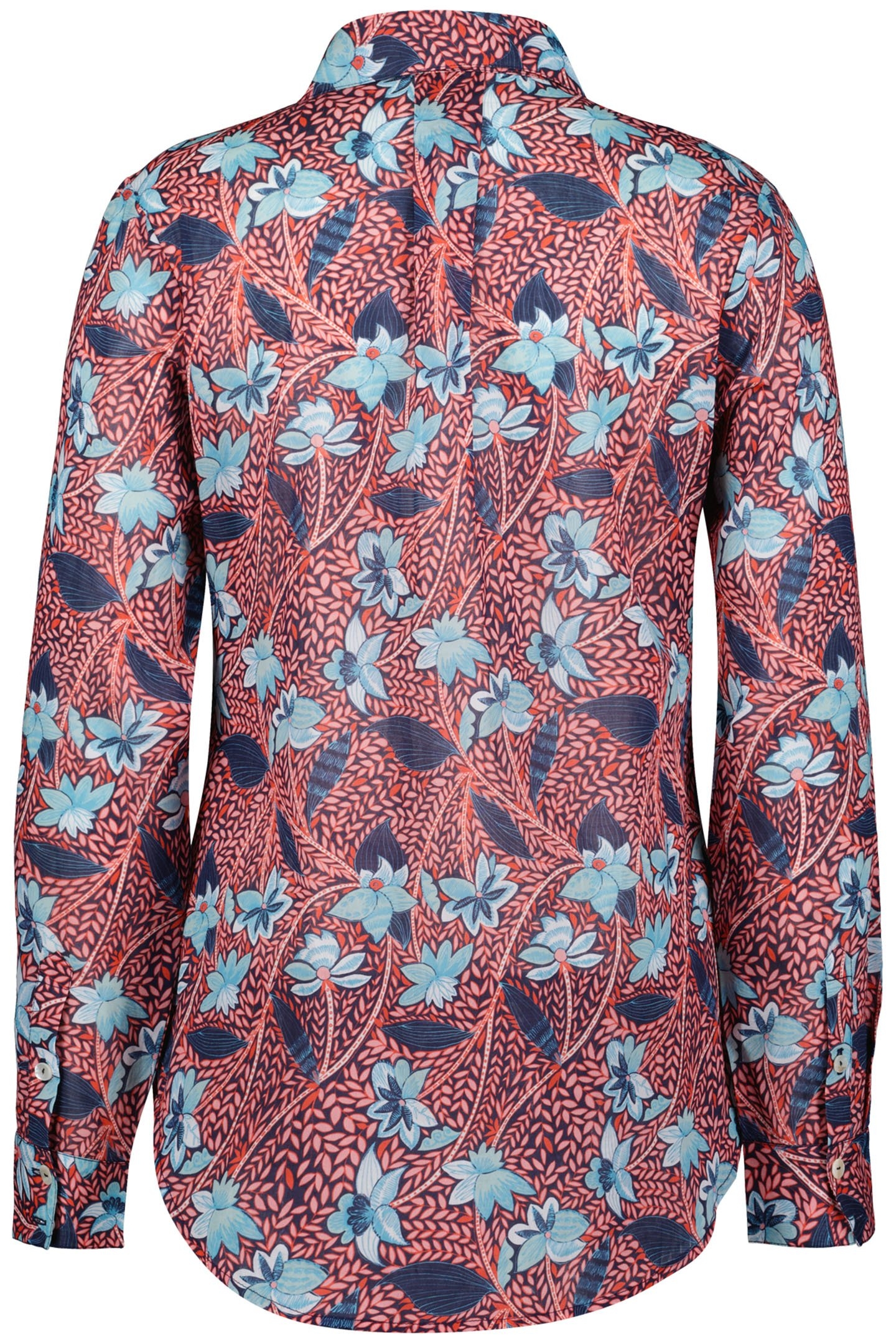 BLOUSE L/S TOP NOTCH POPPY RED WITH LOTS OF LEAVES PRINT 4