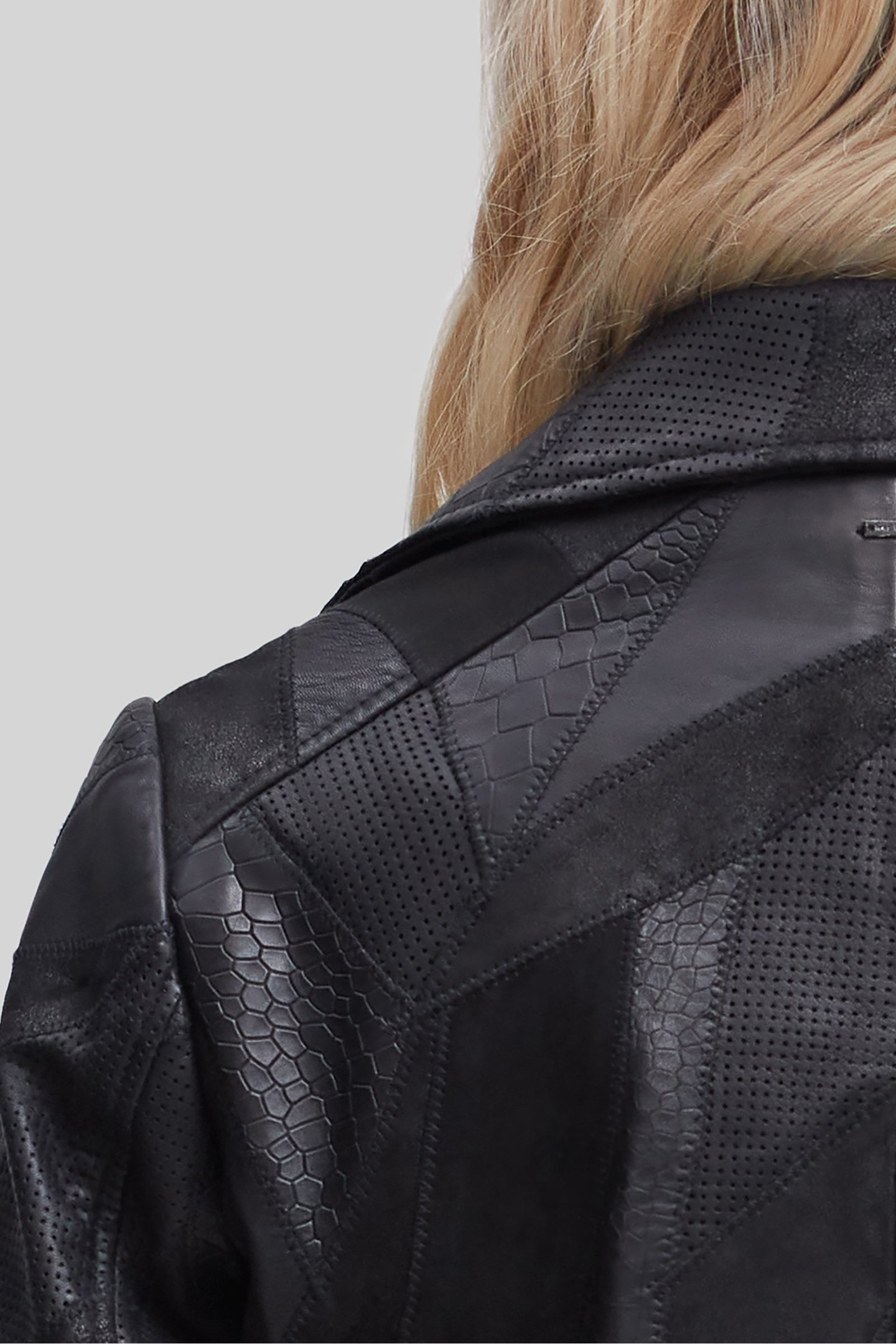 BLACK LEATHER PATCHWORK-LOOK BIKER-STYLE JACKET 7