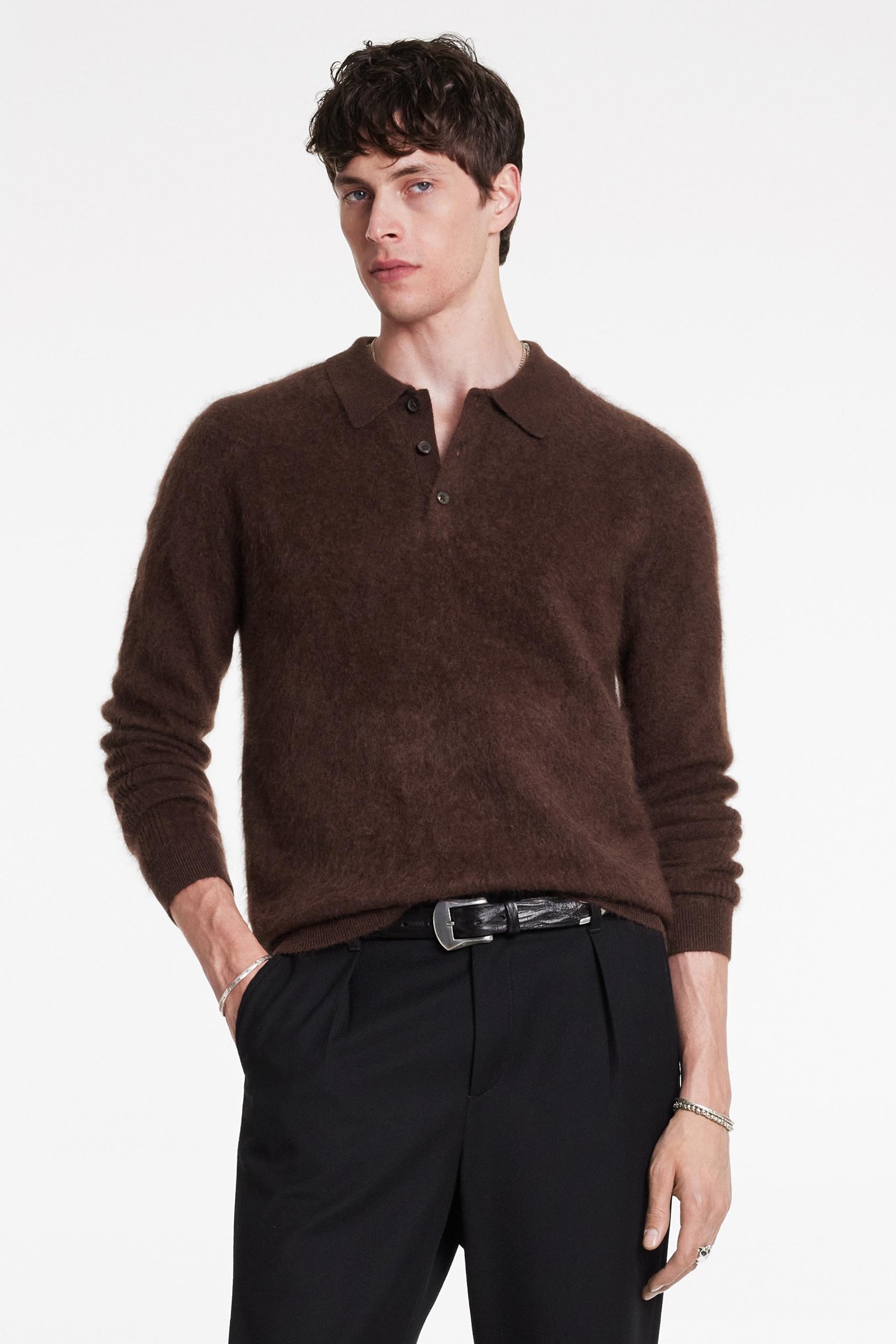 VERONA REGULAR FIT LS POLO DARK BROWN 1