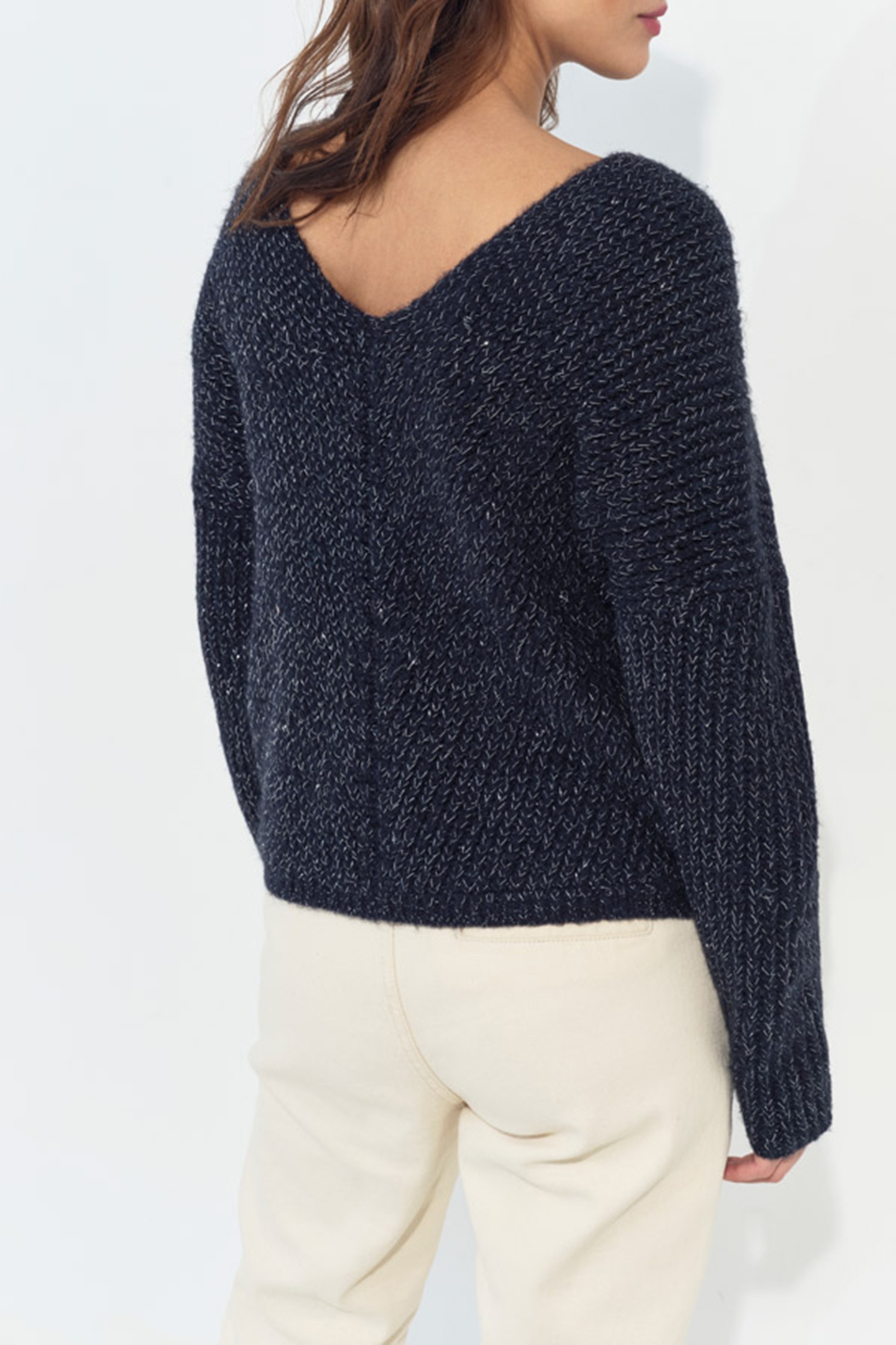 TIMEO - NAVY LUREX KNIT V-NECK JUMPER FRONT/BACK 5