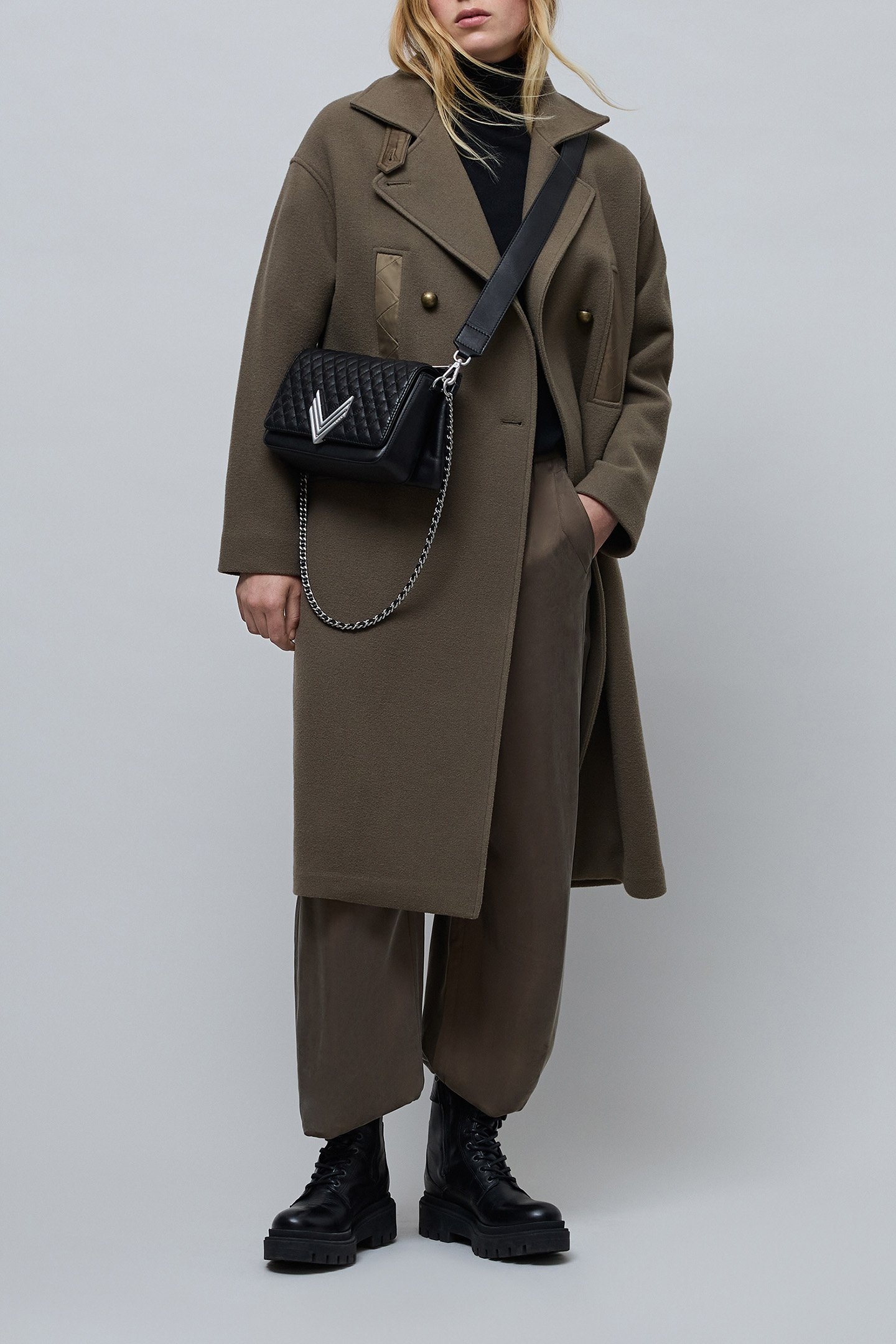 LONG KHAKI PEA COAT WITH STITCHED NYLON DETAILS 4