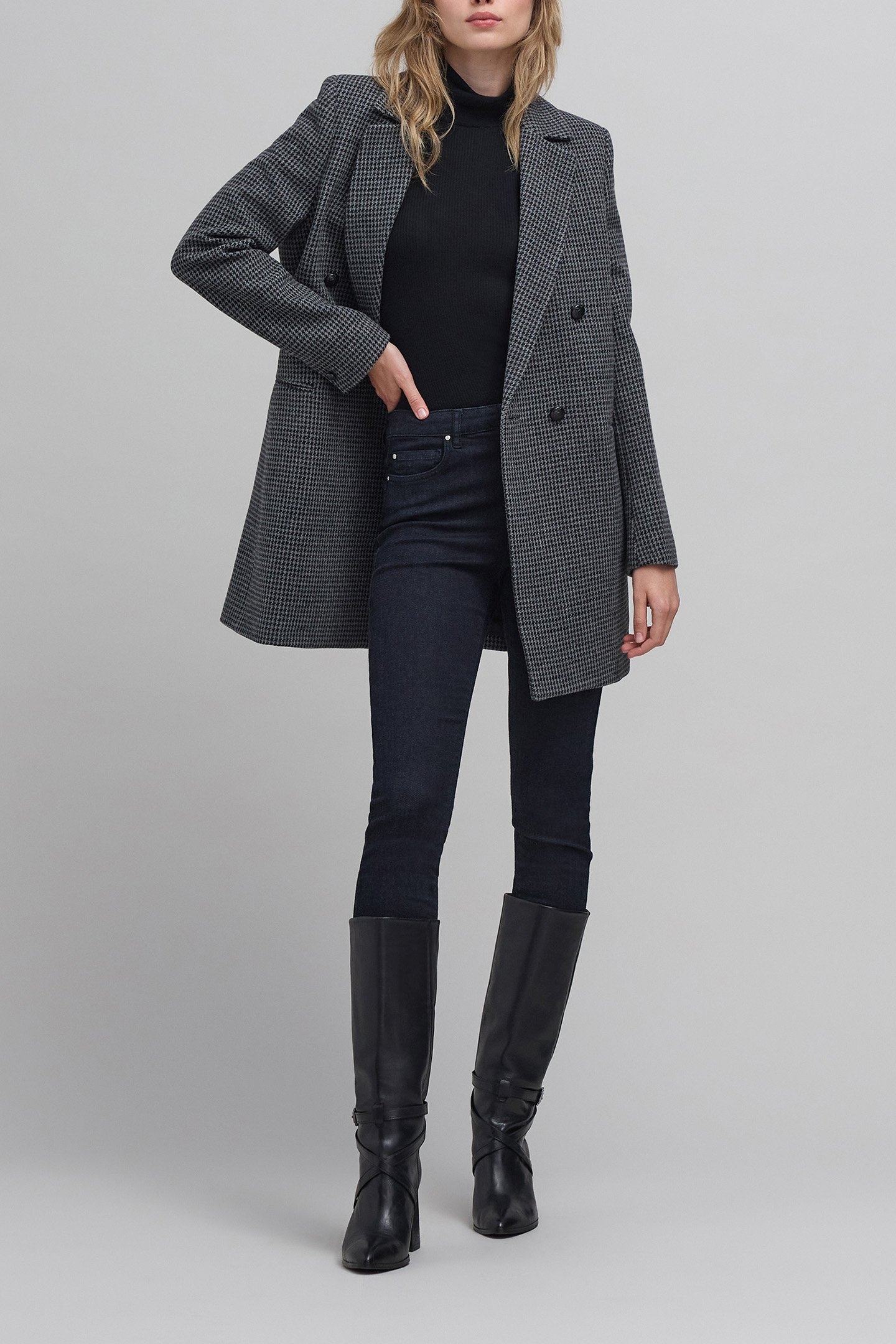 METALLIC HOUNDSTOOTH PATTERN BLACK STRAIGHT COAT 5