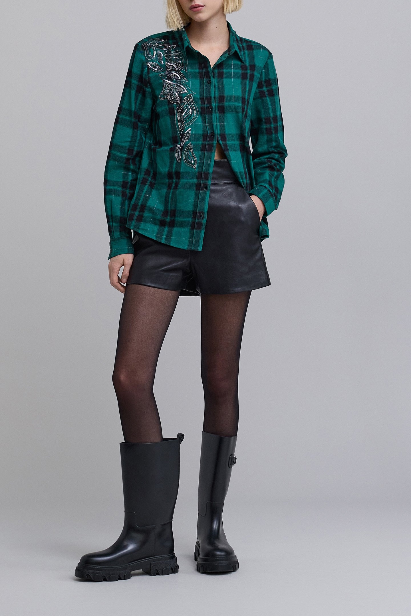 GREEN SHIRT WITH CHECK PATTERN PEARL EMBROIDERY 3