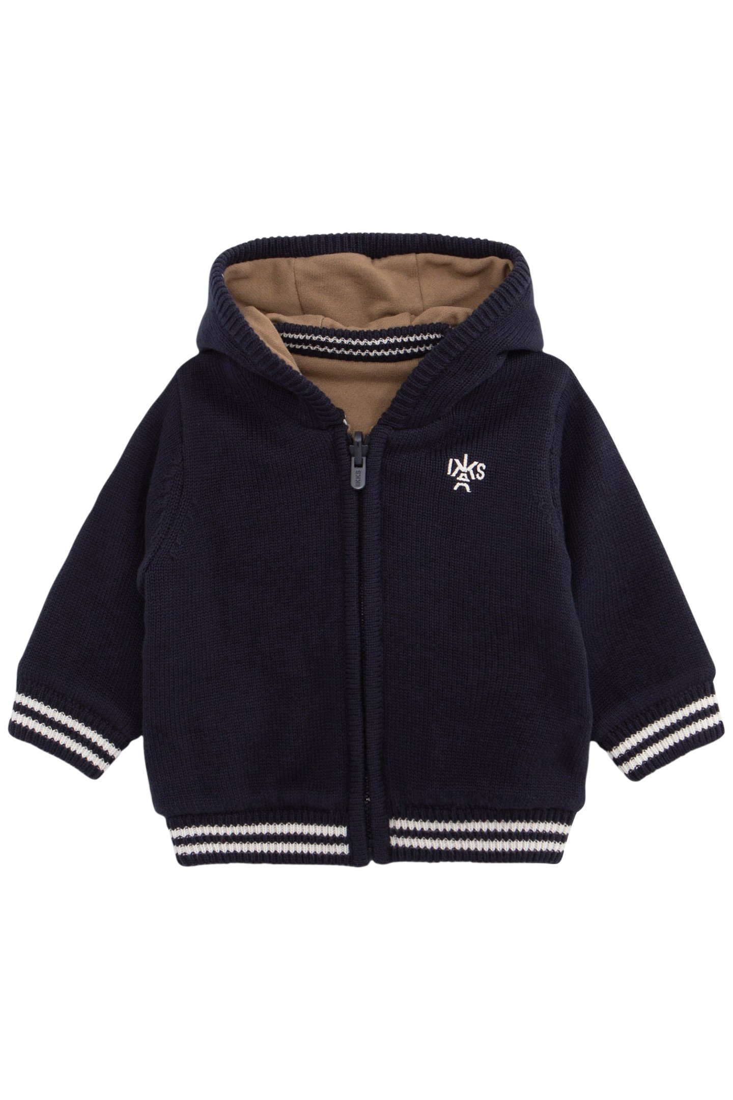 BABY BOY REVERSIBLE CAMEL AND NAVY CARDIGAN 1