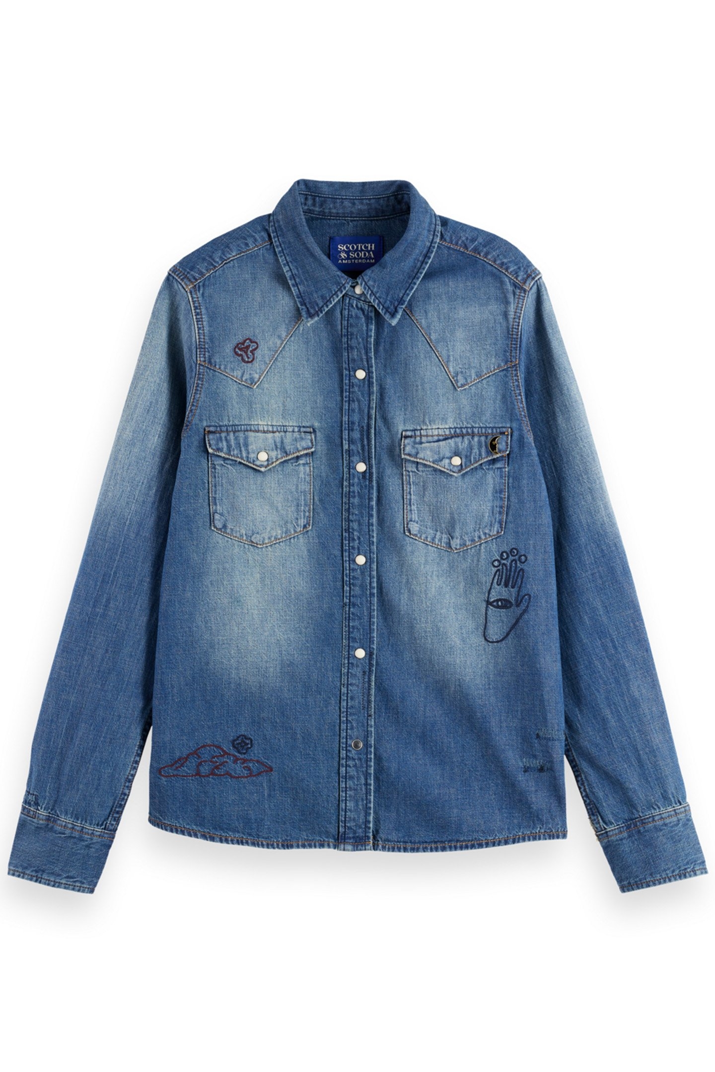WASHED REGULAR FIT DENIM WESTERN SHIRT WITH EMBROIDERIES WAS 4