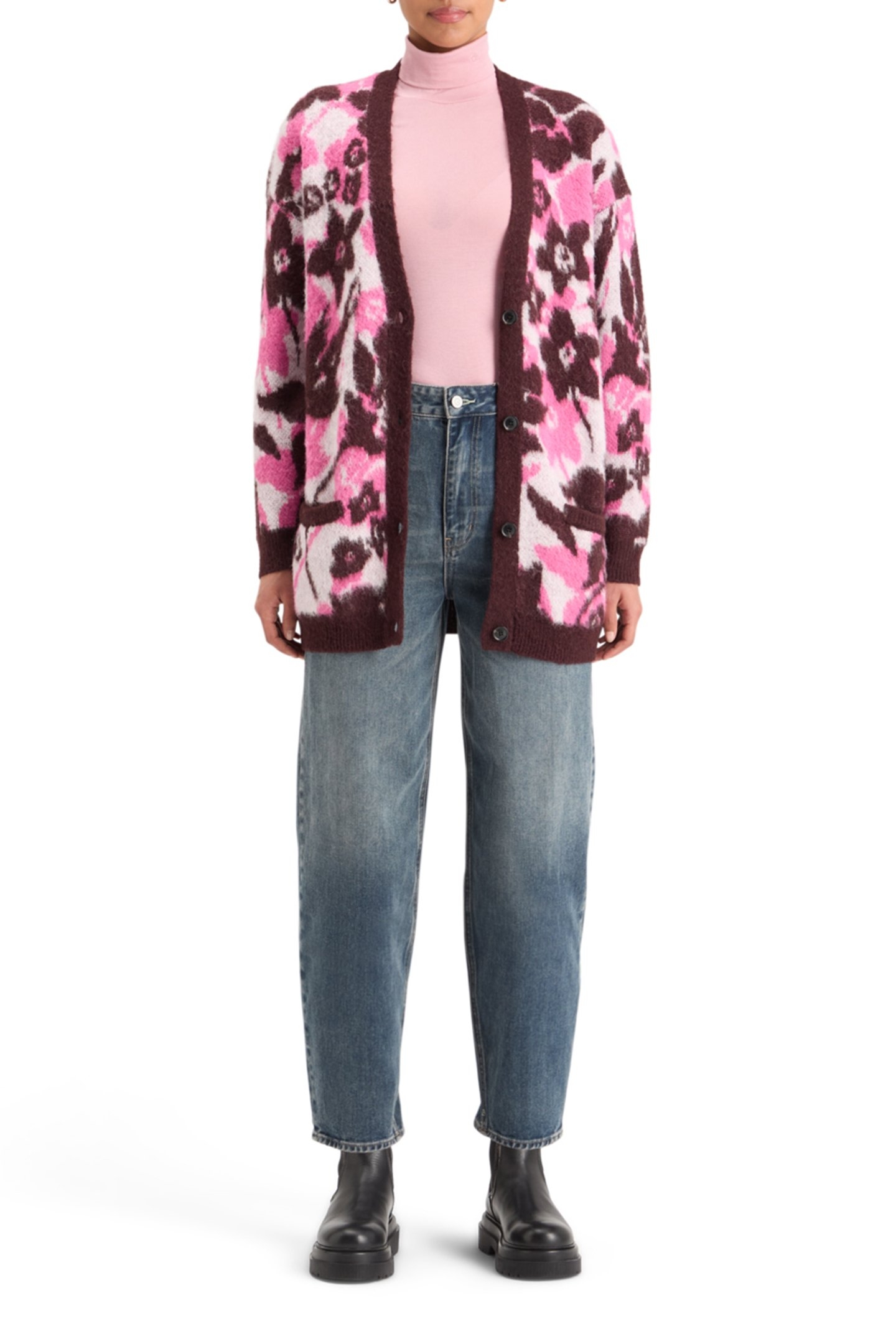 FUZZY JACQUARD MID LENGTH CARDIGAN WINTER FLORAL 3
