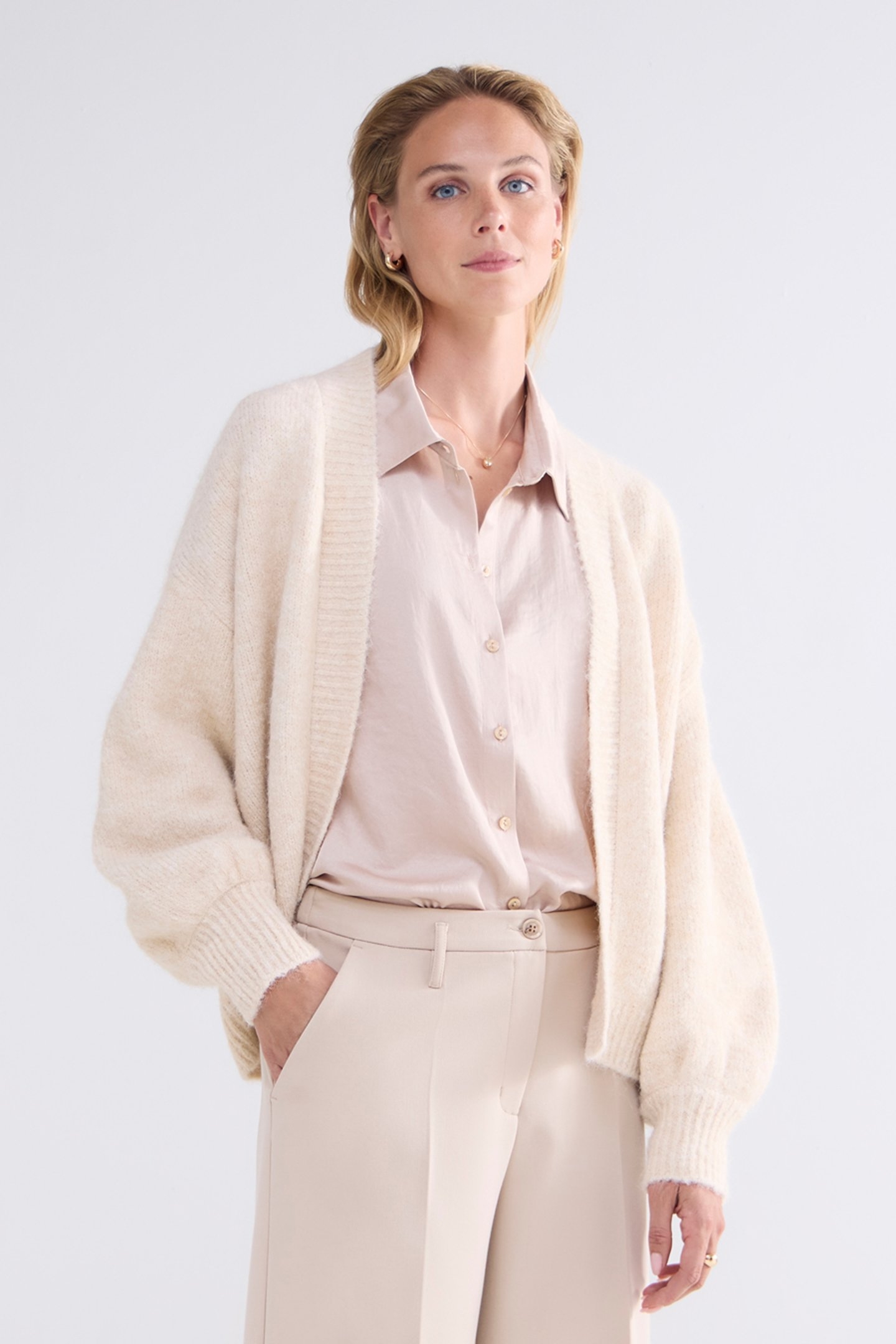 PUFF SLEEVE CARDIGAN COZY MELANGE KNIT CARAMEL COFFEE 1