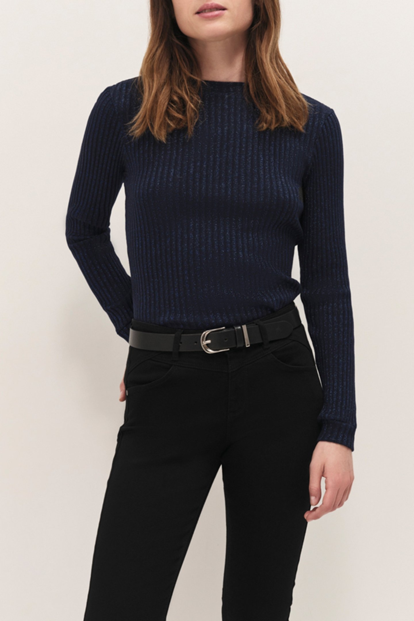 MALENE - NAVY BLUE RIBBED LUREX KNIT LONG-SLEEVED T-SHIRT 1