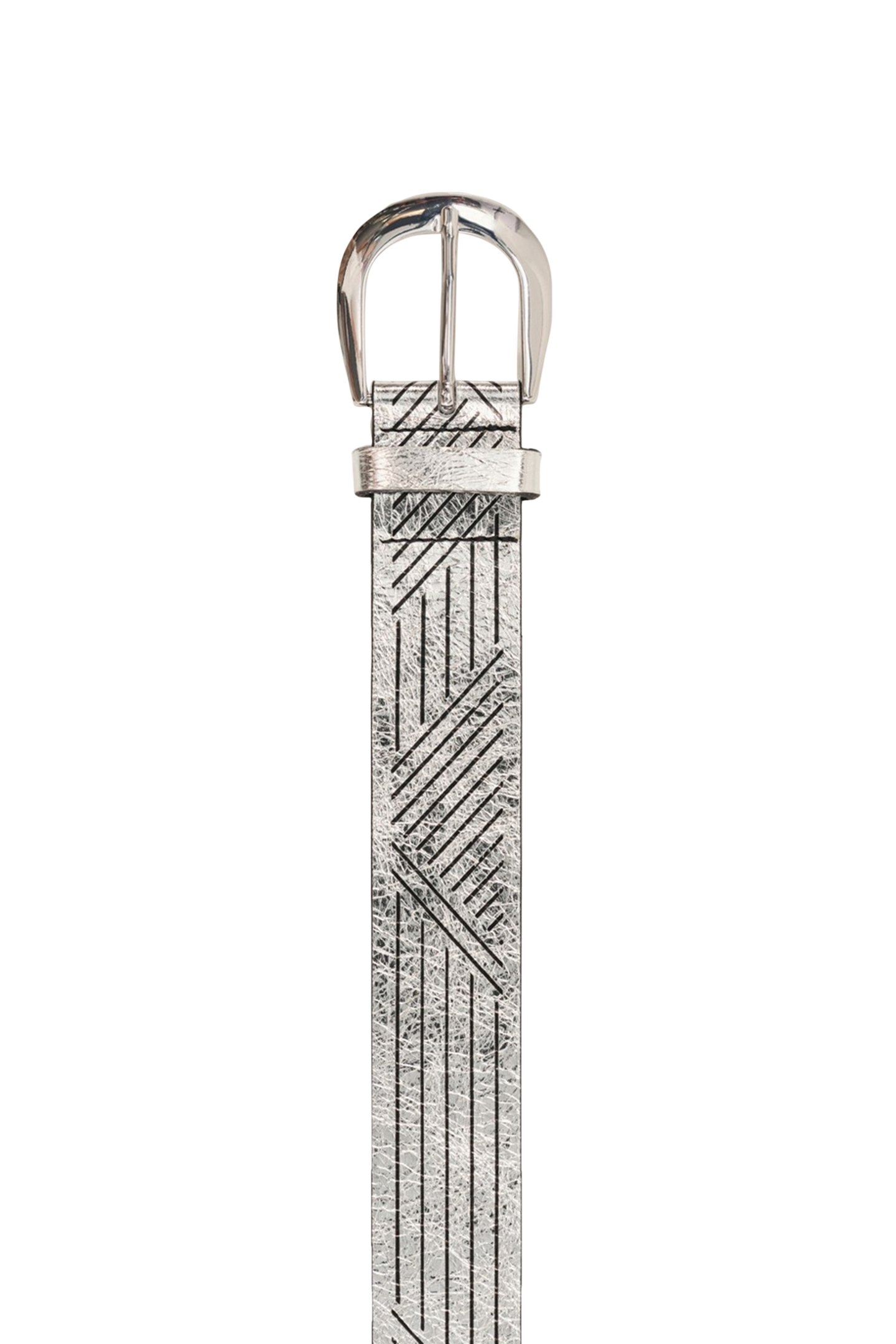 ANJA - SILVER METALLIC LEATHER BELT WITH GRAPHIC LINES, MADE 3