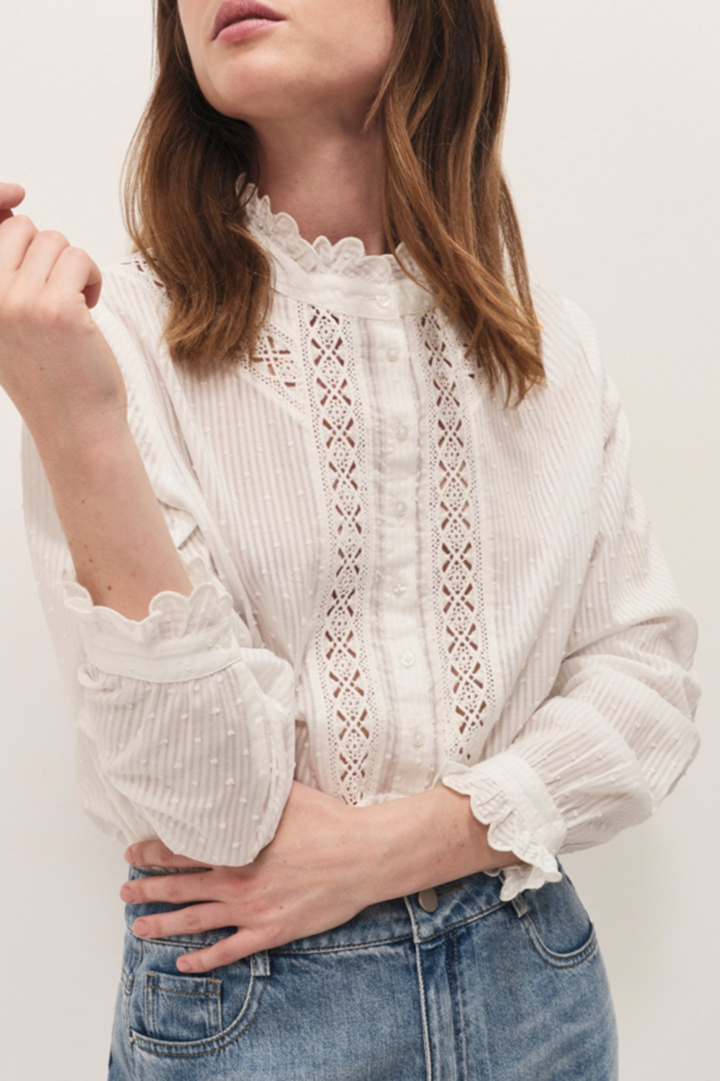 CAROLA - ECRU BLOUSE WITH FANCY PLUMETIS VOILE AND LACE DETA 3