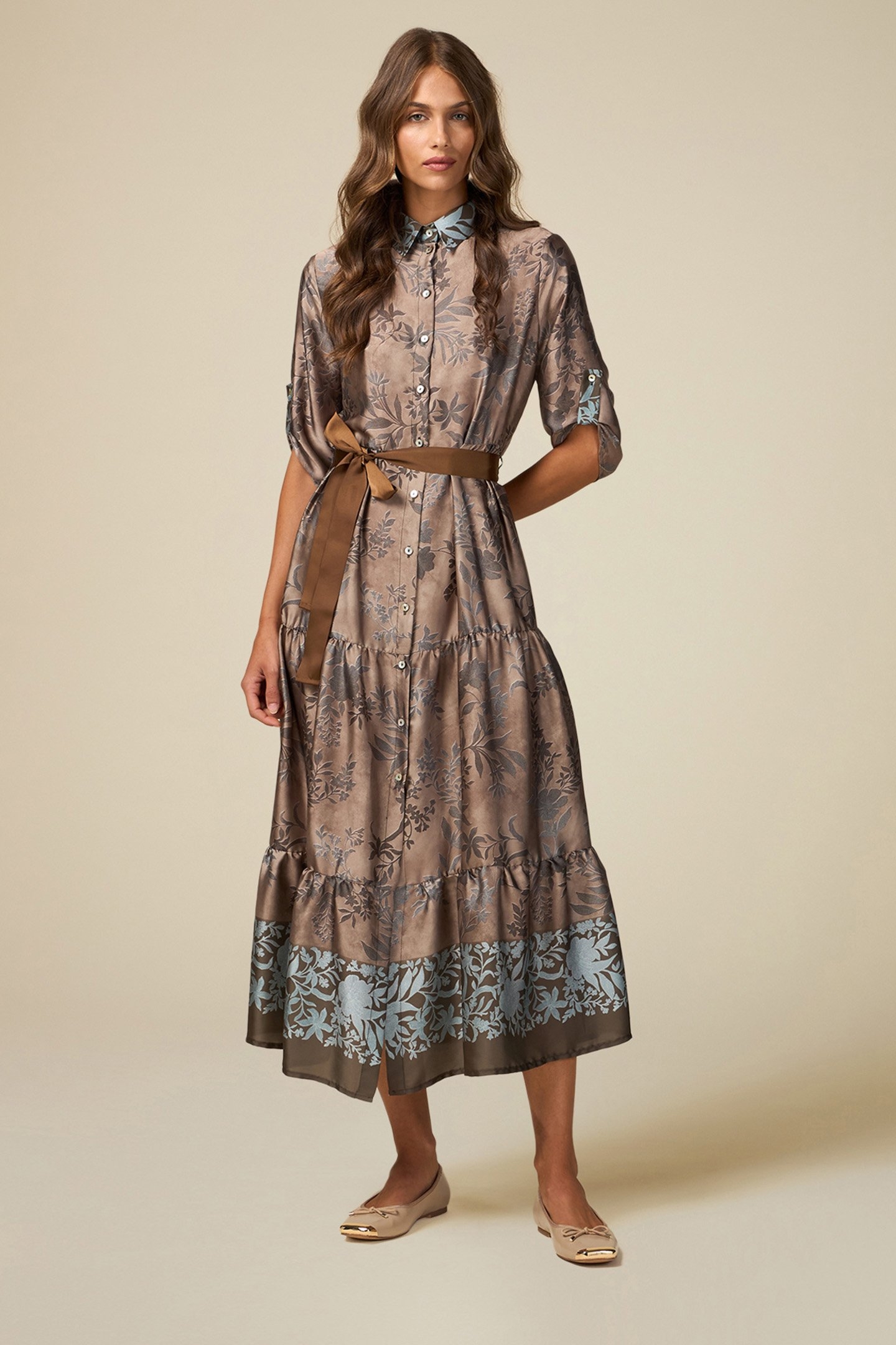 PATTERNED SATIN CHEMISIER DRESS BEIGE 1