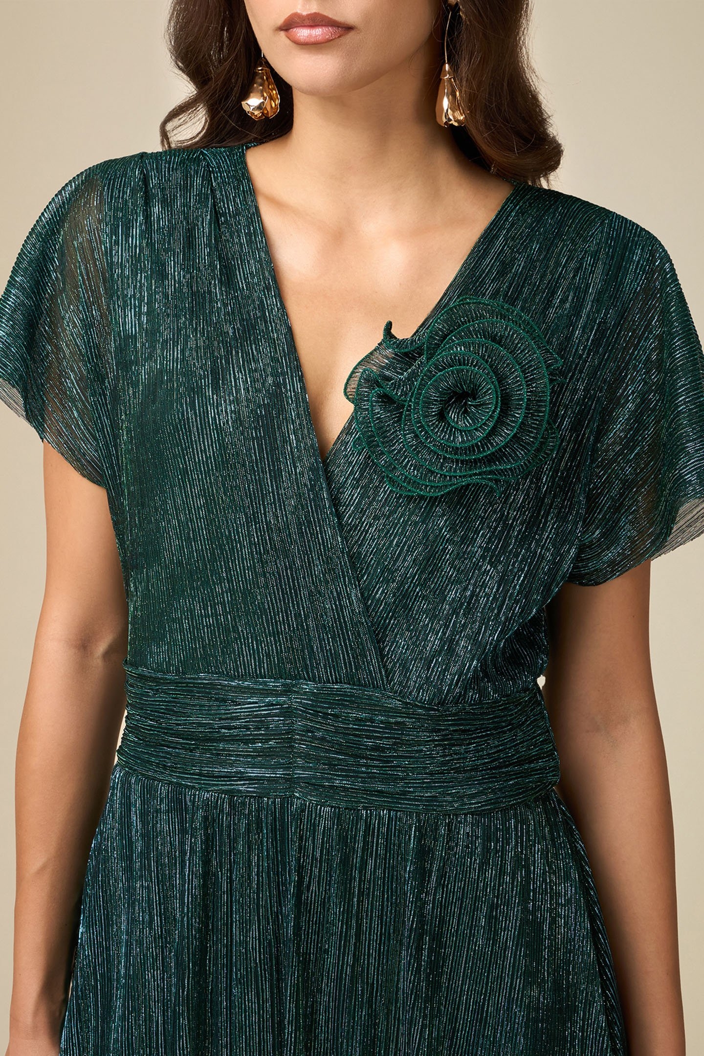 PLEATED LUREX DRESS WITH BROOCH GREEN 5