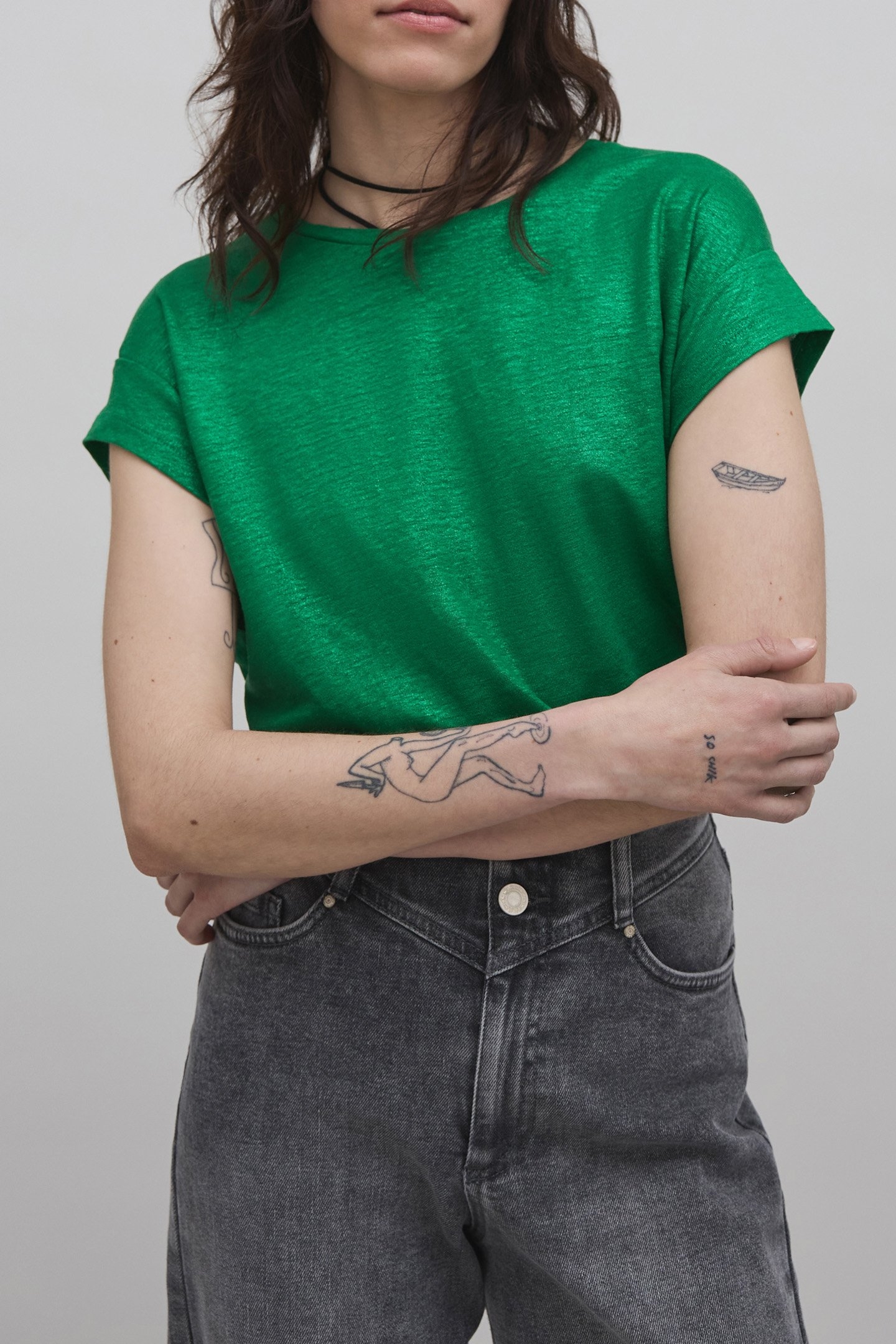GREEN PRE-KNIT LINEN-FOIL TEE-SHIRT GREEN 1