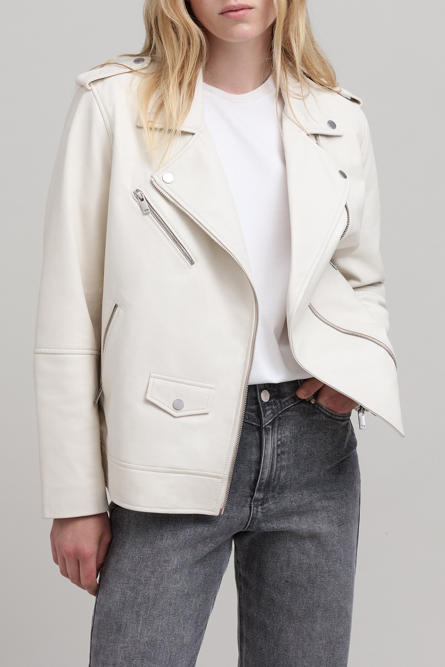 ECRU LEATHER BIKER JACKET WITH ZIPPED POCKETS OFF-WHITE 1