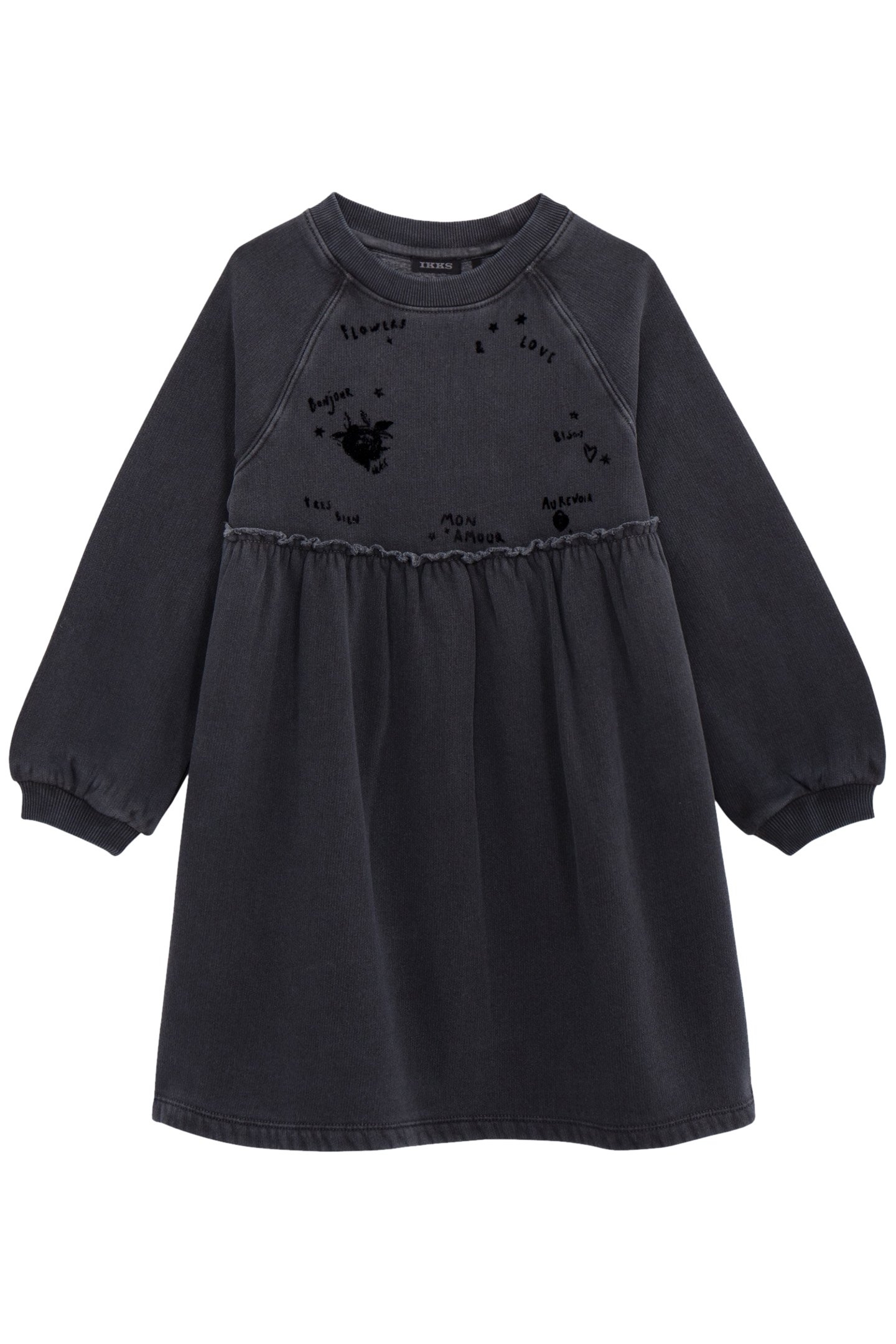 GIRL'S GREY ORGANIC COTTON VELVET SLOGANS SWEATSHIRT DRESS 1