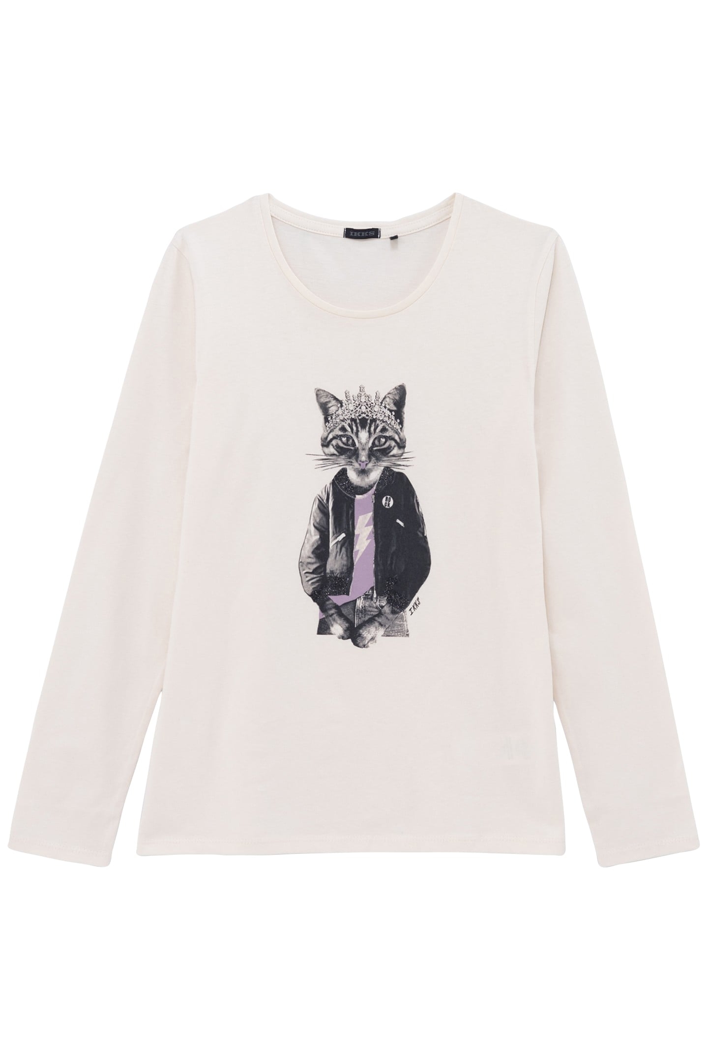 GIRL'S ECRU ORGANIC COTTON T-SHIRT WITH CAT PRINT 1