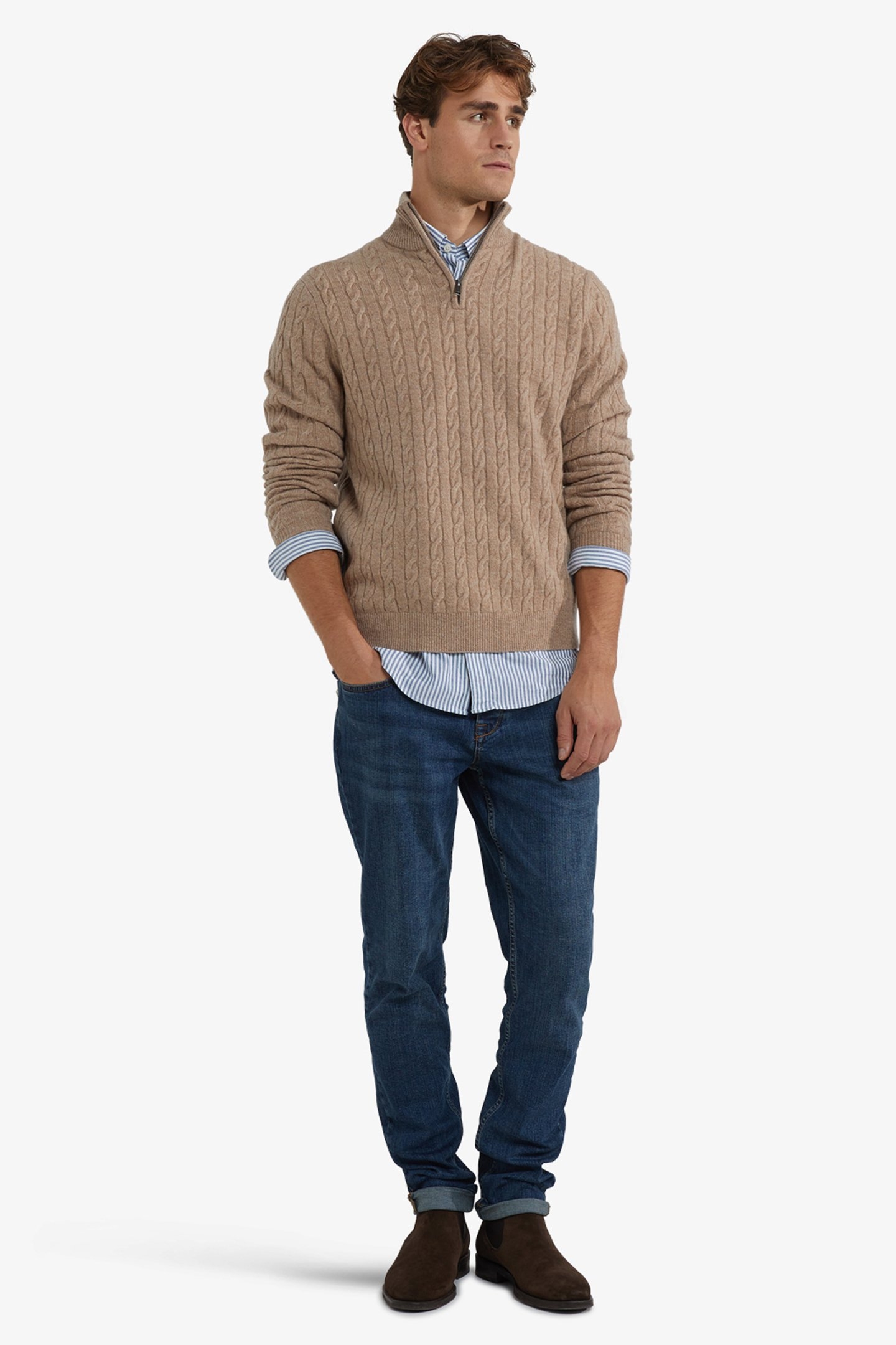 CABLE ZIP MOCK SWEATER SAND 2