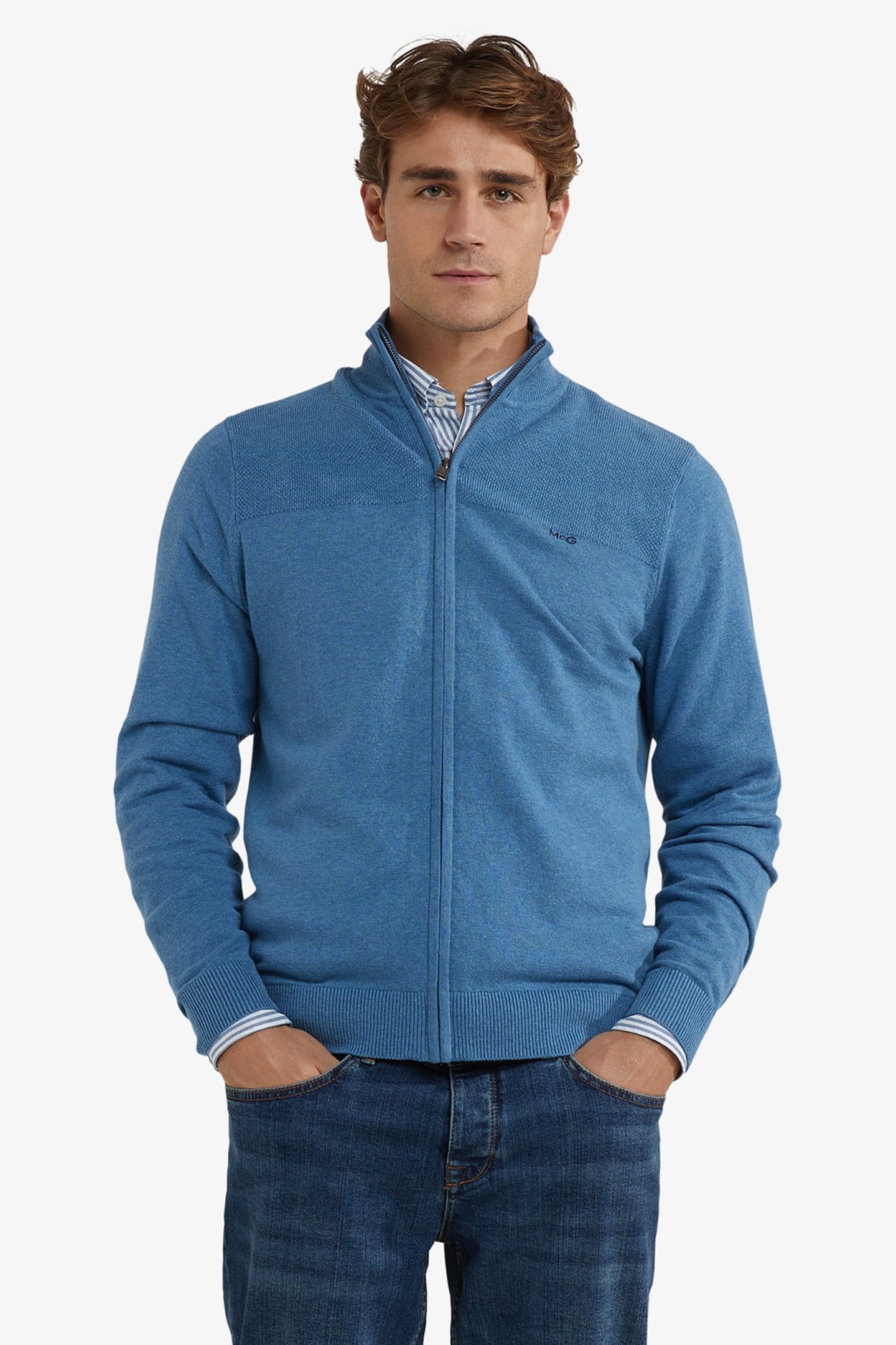 ZIP THRU CARDIGAN WORKER BLUE 1