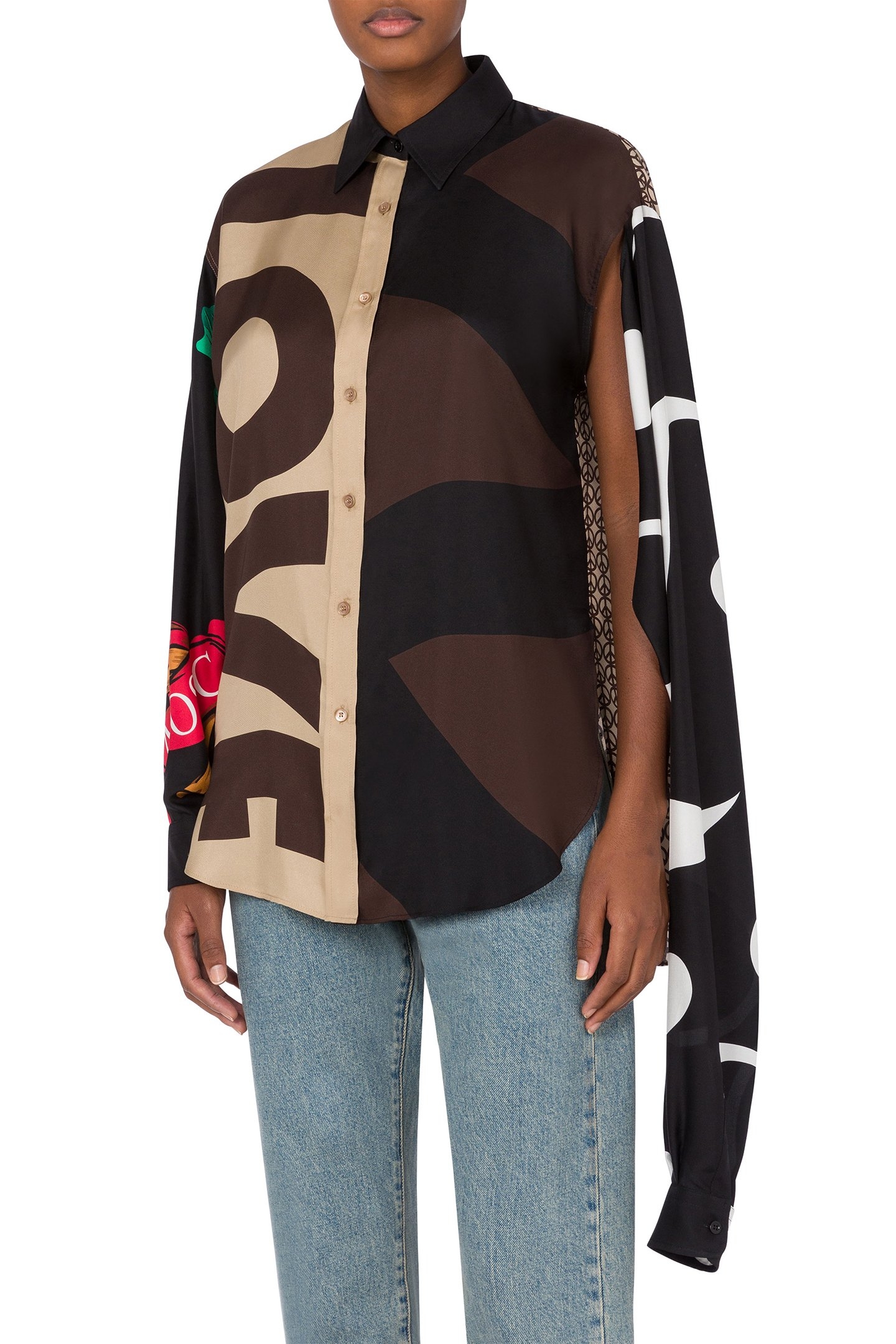 PATCHWORK SILK TWILL SHIRT BROWN 1