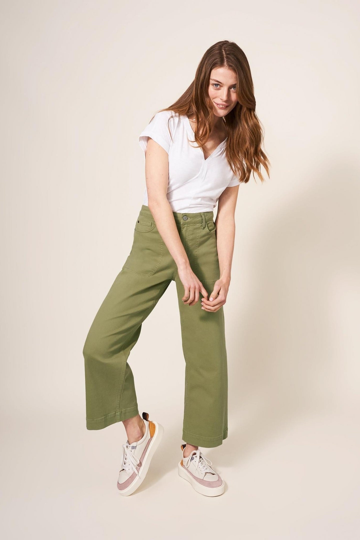 TIA WIDE LEG CROPPED JEAN MID GREEN 1