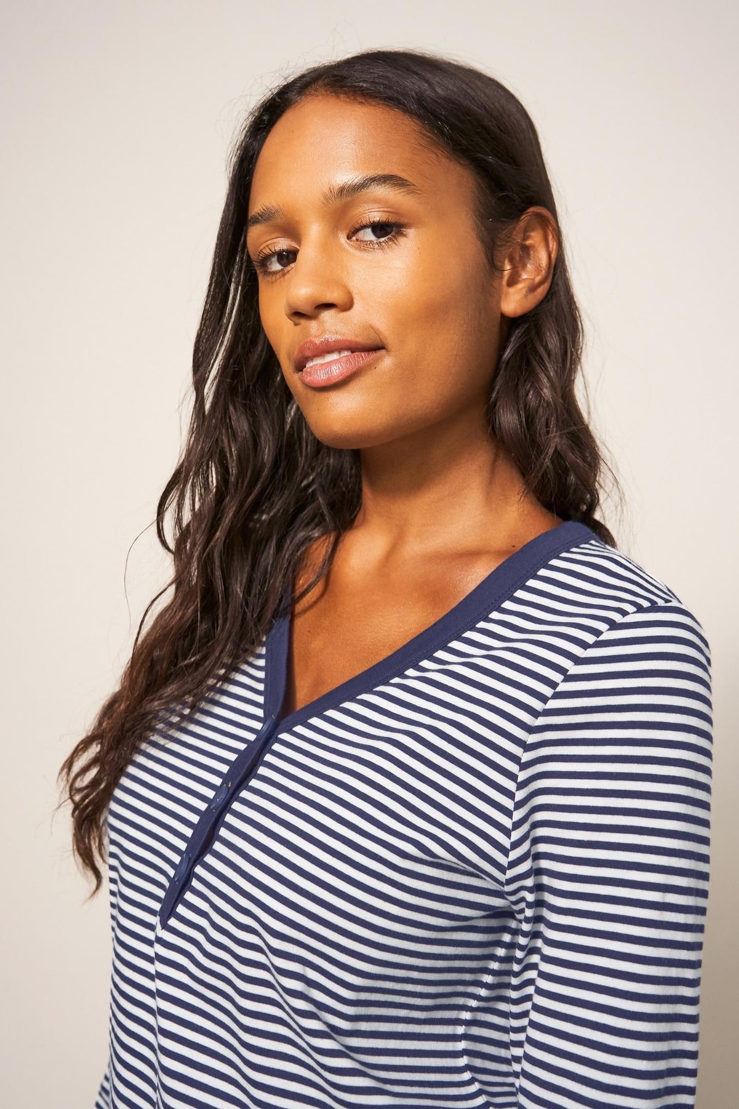 FLORA V NECK HENLEY TOP IVORY MULTI 2