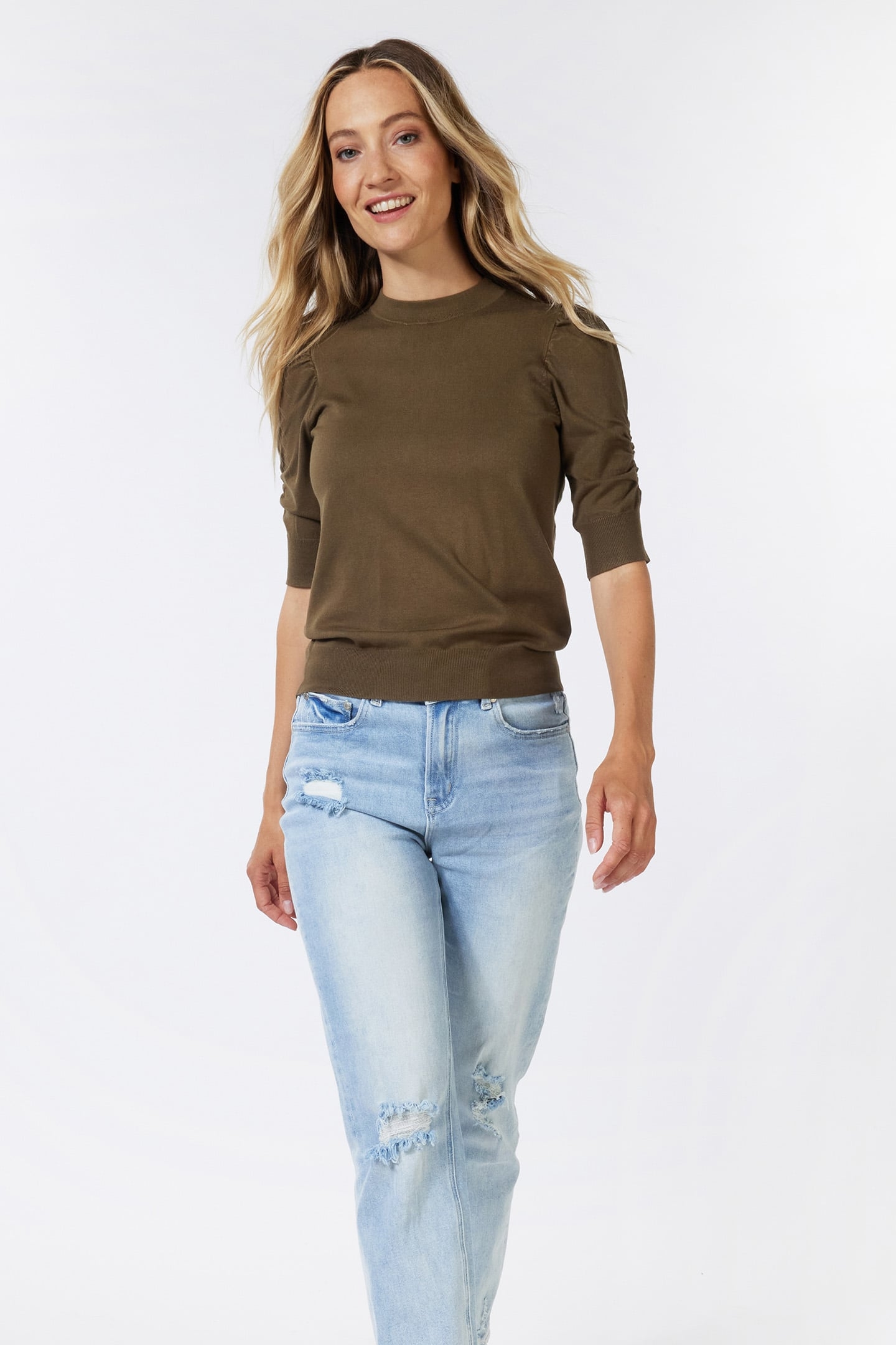 SWEATER SHORT PUFF SLV BASIC KNIT ARMY GREEN 3