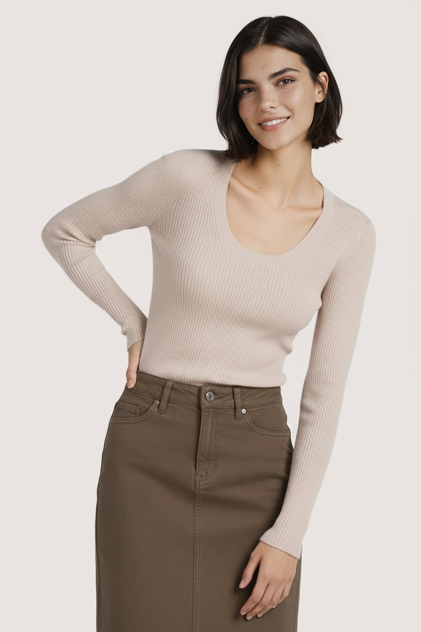 SWEATER DEEP ROUND NECK RIB LIGHT SAND 1