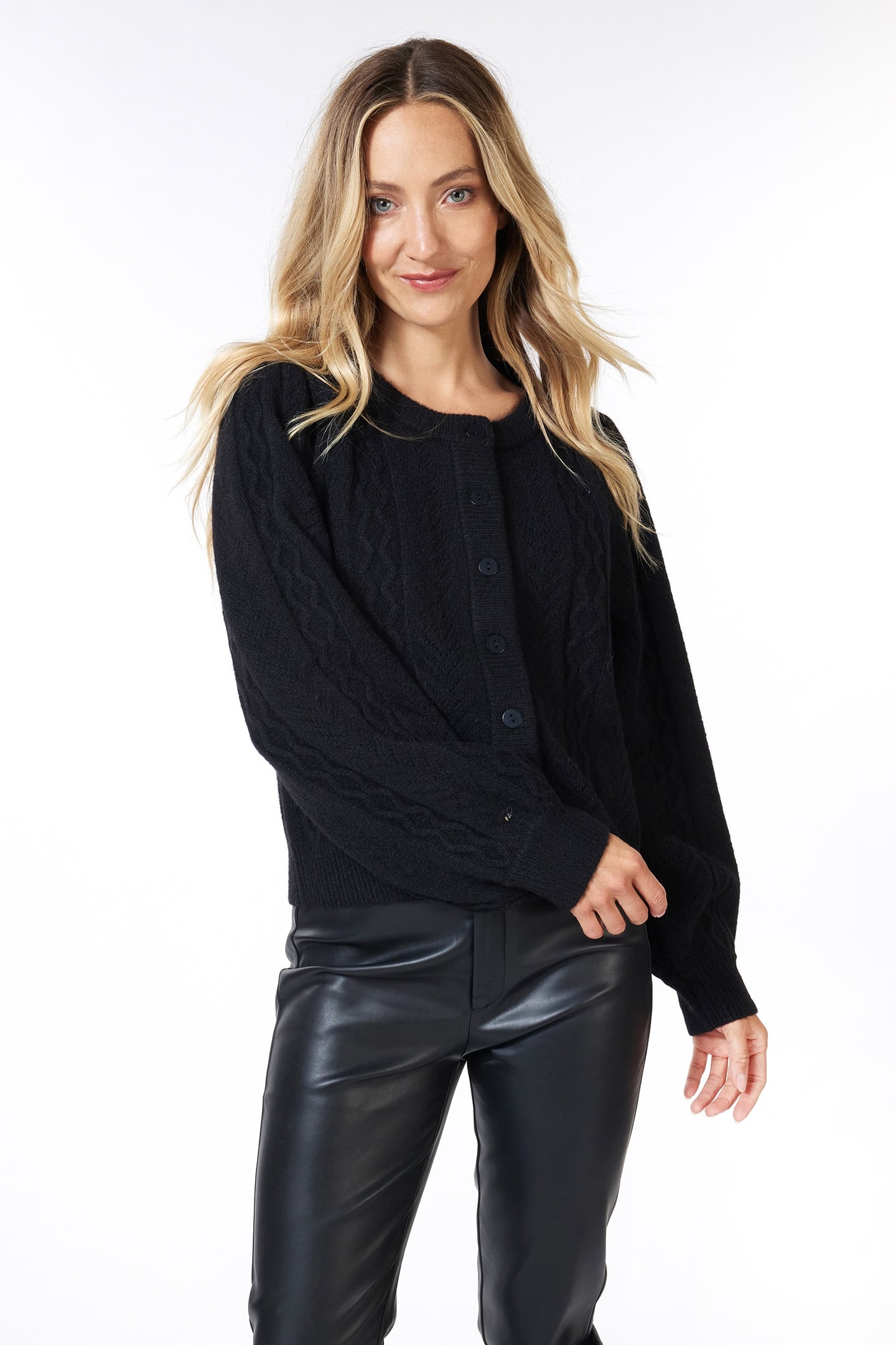 CARDIGAN PUFF SLVE CABLE & AJOUR BLACK 1