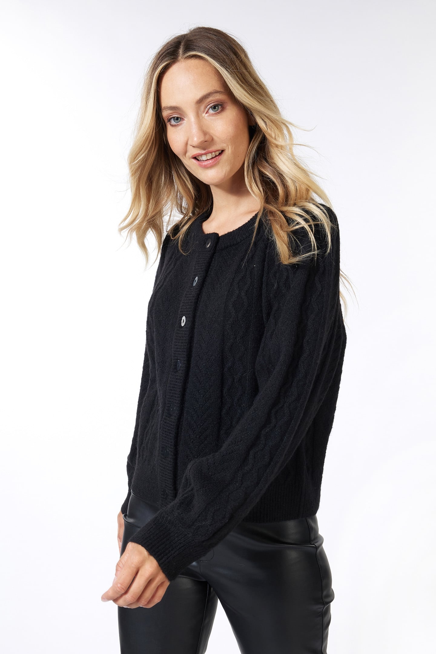 CARDIGAN PUFF SLVE CABLE & AJOUR BLACK 3